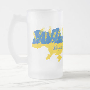 Taza De Cristal Esmerilado Tipografía de Ucrania y oído de trigo en la bander