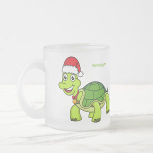 Taza De Cristal Esmerilado Tortuga alegre lindo con sombrero de Santa