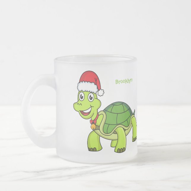 Taza De Cristal Esmerilado Tortuga linda y feliz con sombrero de Santa (Izquierda)