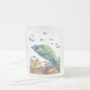 Taza De Cristal Esmerilado Tortuga y peces en el mar