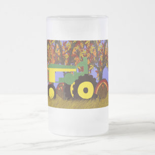 Taza De Cristal Esmerilado Tractor por los árboles y los pavos 1 del otoño