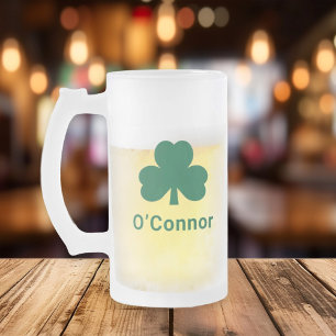 Taza De Cristal Esmerilado Trébol verde irlandés apellido personalizado