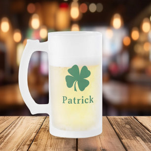 Taza De Cristal Esmerilado Trébol verde irlandés con nombre personalizado mon