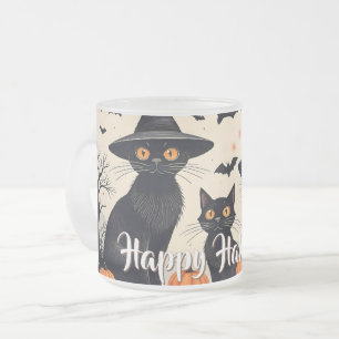 Taza De Cristal Esmerilado Tres gatos negros con sombreros en Halloween