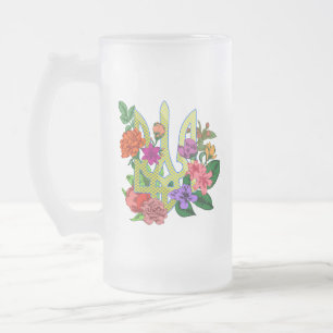 Taza De Cristal Esmerilado tridente tryzub de heráldica ucraniana flores flor