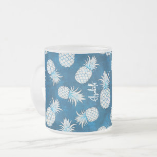 Taza De Cristal Esmerilado Tropical Pineapple with Name – Watercolor Style