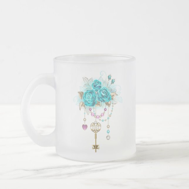 Taza De Cristal Esmerilado Turquoise Roses with Keys (Izquierda)
