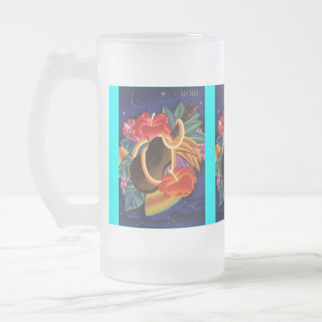 TAZA DE CRISTAL ESMERILADO ¡UKULELE Y HIBISCO DEL ~ DEL CIELO NOCTURNO DEL ~ (Izquierda)
