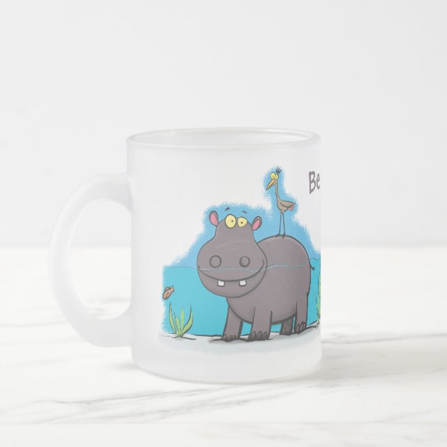 Taza De Cristal Esmerilado Un gracioso hipopótamo con personalizado de pájaro (Izquierda)
