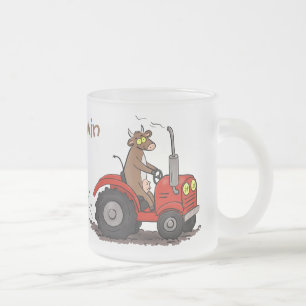 Taza De Cristal Esmerilado Vaca feliz linda conduciendo un tractor rojo dibuj