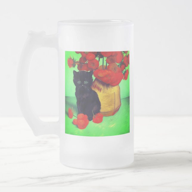 Taza De Cristal Esmerilado Van Gogh Black Kitten Red Flowers (Izquierda)