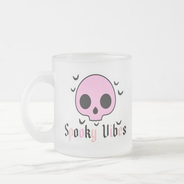 Taza De Cristal Esmerilado Vibes fantasmales - Halloween con cráneo rosado y  (Izquierda)