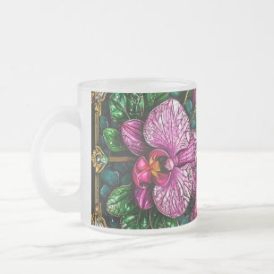 Taza De Cristal Esmerilado Vidrio emplomado con orquídeas rosas