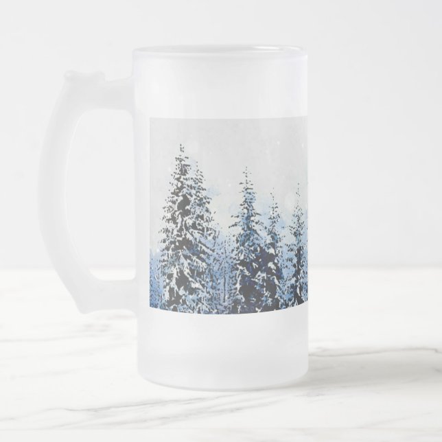 Taza De Cristal Esmerilado Vidrio escarpado de Snowy Evergreen 16oz Mug (Izquierda)