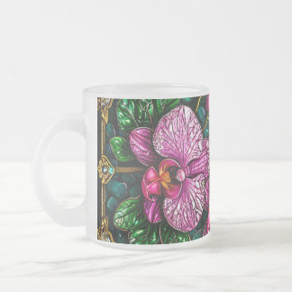 Taza De Cristal Esmerilado Vidrio Pintado con Orquídeas Rosas