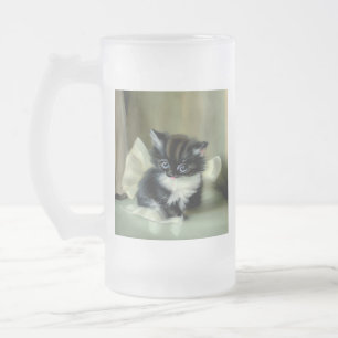 Taza De Cristal Esmerilado Vintage Black and White Kitten Tongue Sticking Out