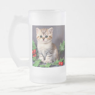 Taza De Cristal Esmerilado Vintage Christmas Kitten and Holly