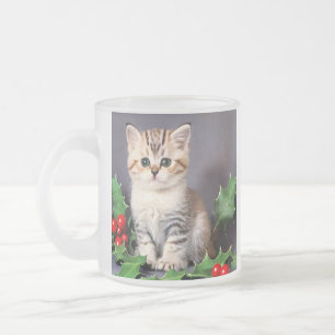 Taza De Cristal Esmerilado Vintage Christmas Kitten and Holly