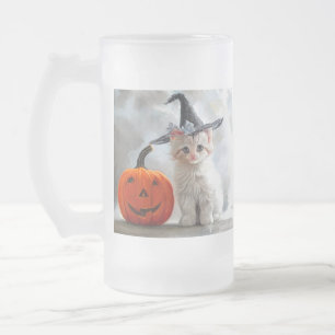 Taza De Cristal Esmerilado Vintage Halloween White Kitten y Jack-o'-lantern