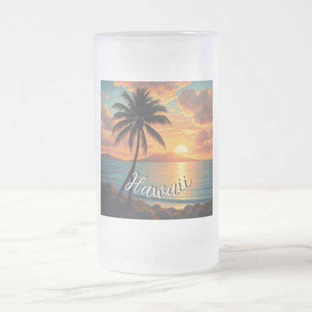 Taza De Cristal Esmerilado Vintage Style Hawaiian Travel Coast Sea Sunset (Centro)
