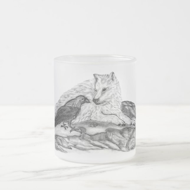 Taza De Cristal Esmerilado Wolf and Raven - Diseño en blanco y negro (Centro)