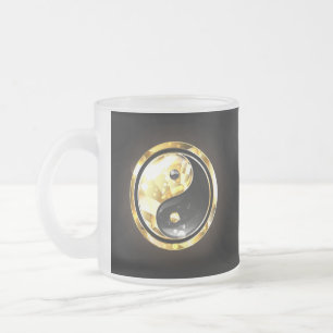 Taza De Cristal Esmerilado Yin Yang dorado sobre negro