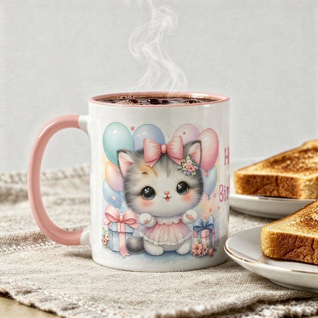 Taza de Cumpleaños con Gatito y Globos  (Subido por el creador)