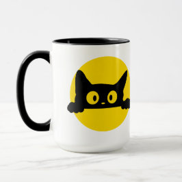 Taza de dos tonos con gato negro curioso y círculo