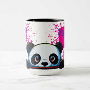 Taza de dos tonos con salpicaduras rosadas y panda