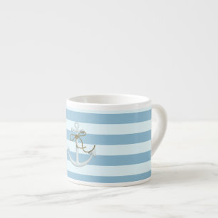 Taza De Espresso Adorable Ancla Náutica sobre Rayas Azules Claras