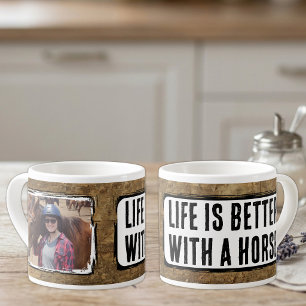 Taza De Espresso Amante de los caballos 1 foto falso madera negro b