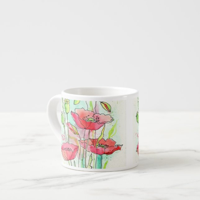 Taza De Espresso Amapolas pintadas de la acuarela (Izquierda)