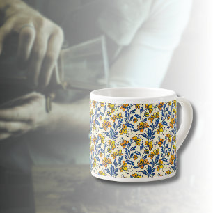 Taza De Espresso Amarillo Naranja Floral Folclórico Azul Hoja Vinta