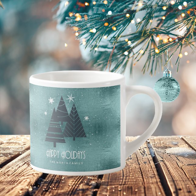 Taza De Espresso Árboles de Navidad y copos de nieve Verde azulada  (Subido por el creador)