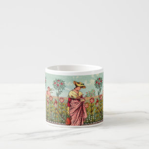 Taza De Espresso Arte Antiguo Mujer Flor Creciente Jardín