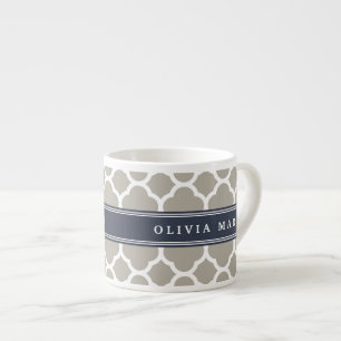 Taza De Espresso Azul Nombre Personalizado Patrón De Quatrefoil Gri