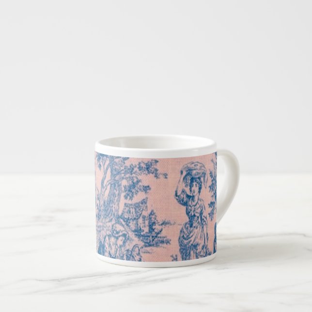 Taza De Espresso Azulejos de jouy azul y rosa elegante (Derecha)