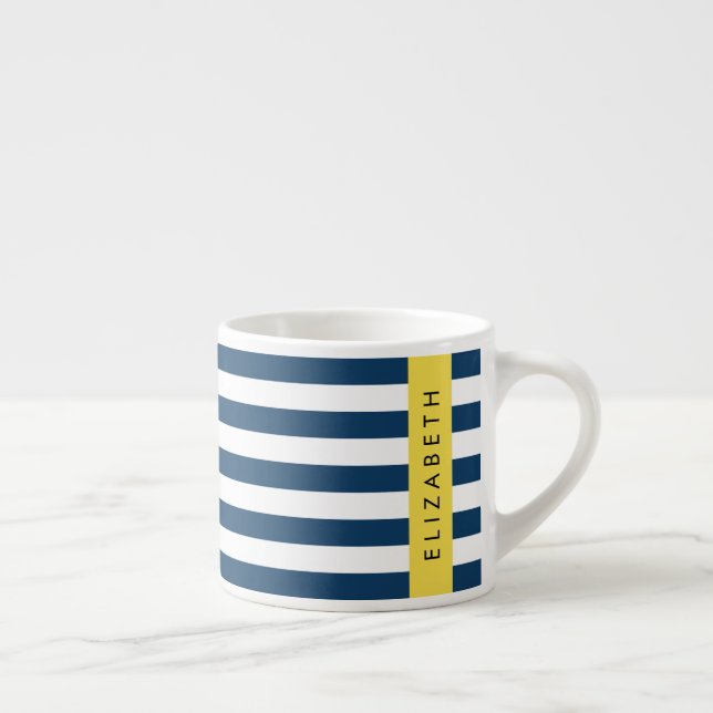 Taza De Espresso Bandas azules de la marina, patrón rayado, tu nomb (Derecha)