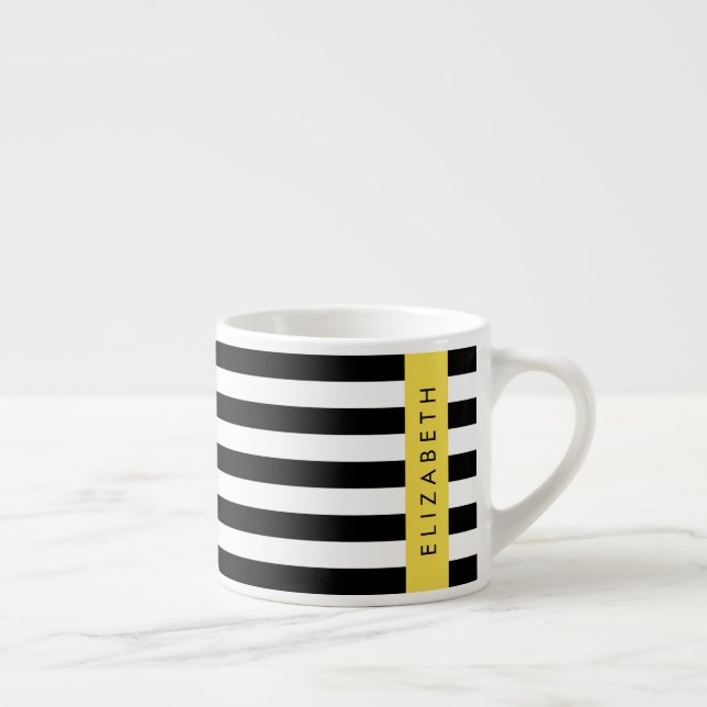 Taza De Espresso Bandas en blanco y negro, rayas, líneas, nombre (Derecha)