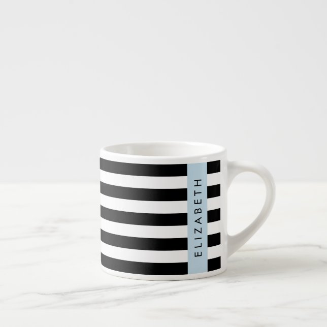 Taza De Espresso Bandas en blanco y negro, rayas, líneas, nombre (Derecha)