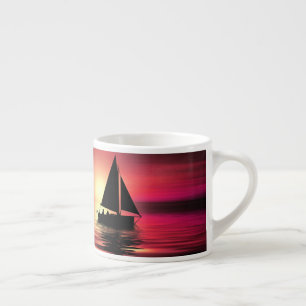 Taza De Espresso Barco Al Atardecer, Fondo Del Mar Y Del Naranja