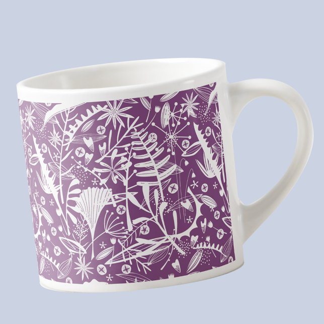 Taza De Espresso Blanco púrpura floral botánico (Purple and white floral botanical pattern espresso coffee cup)