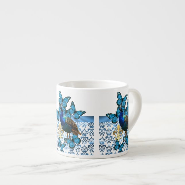 Taza De Espresso Bonito Peacock y mariposas azules (Derecha)