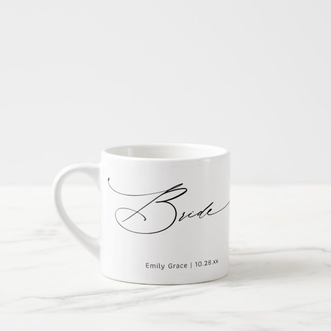 Taza De Espresso Bride Modern Elegant Script Boda Nombre personaliz (Izquierda)