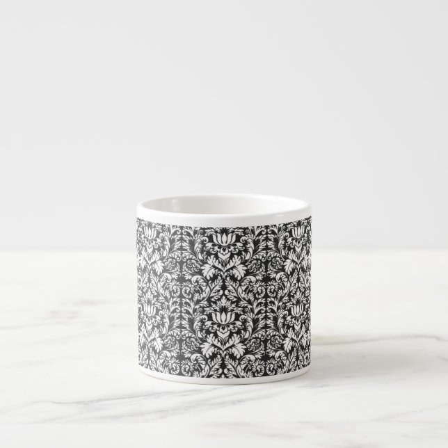Taza De Espresso Brocade Lace de Damasco Blanco Negro (Frente)
