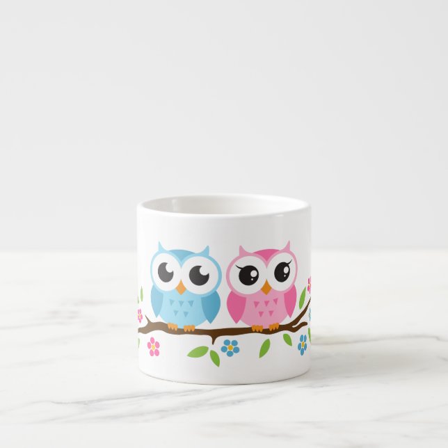 Taza De Espresso Búhos lindos en nombre personalizado rama floral (Frente)