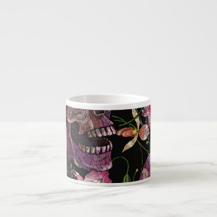 Taza De Espresso Calavera bordada: Patrón de orquídeas góticas