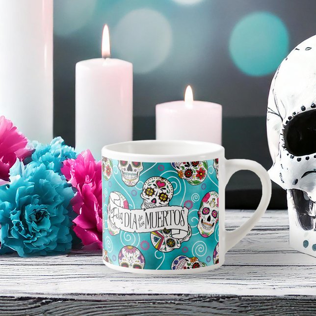 Taza De Espresso Calaveras de azúcar y remolinos Rosa Turquesa ID72 (Subido por el creador)