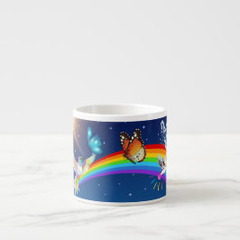 Taza De Espresso Cielo nocturno, dos pájaros, mariposas y arcoiris
