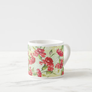 Taza De Espresso Claveles rojos en verde con las mariposas